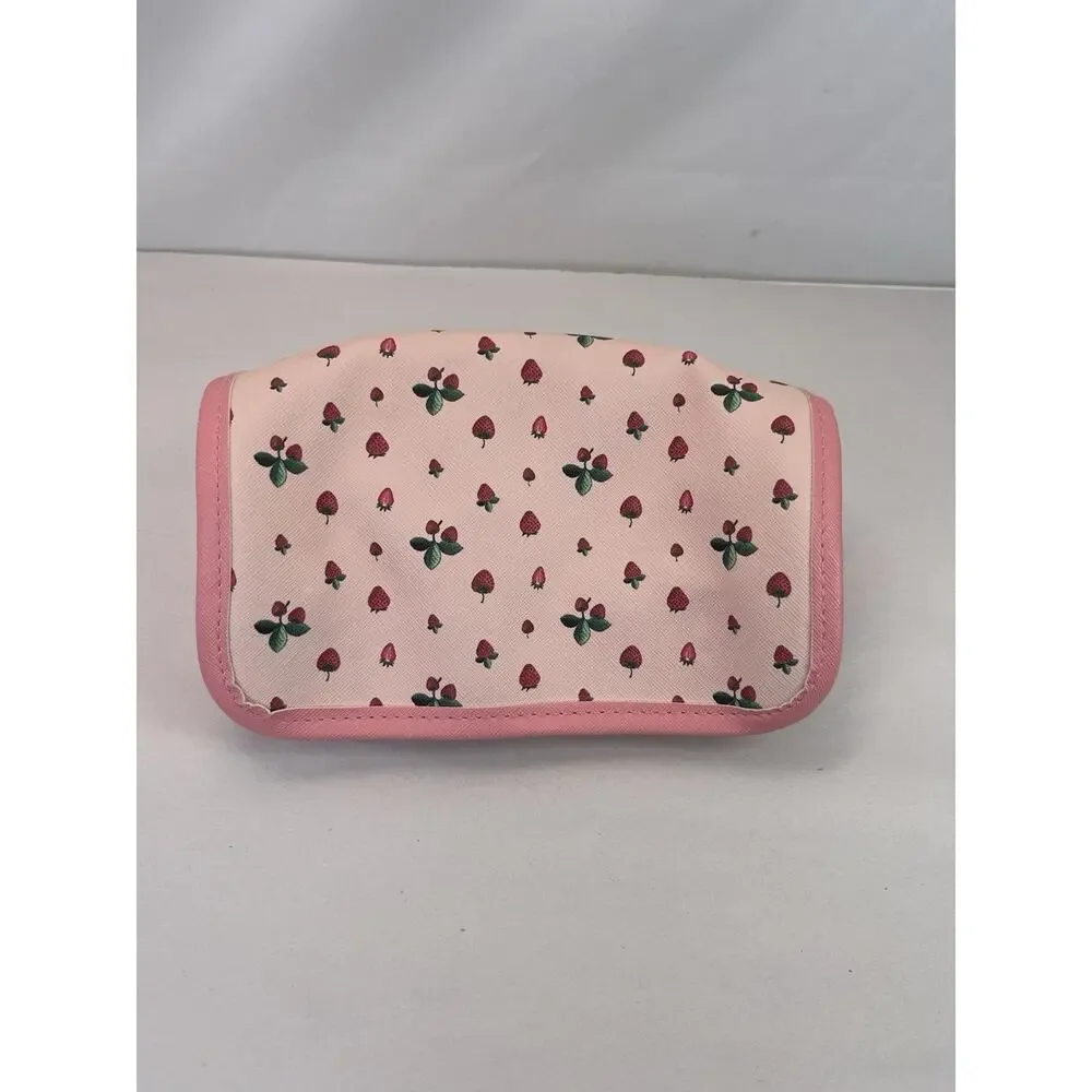 MAMICA Pink Strawberry Print Jewelry Roll Travel Organizer Clear Zip Pouch